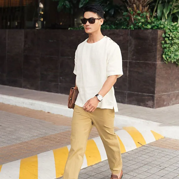 Áo Thun Nam F2 Fashion & Freedom Linen New Spirit SMMN014-VK-S-1221-1 Màu Trắng Kem Size S