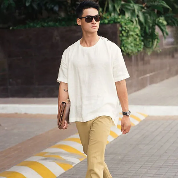 Áo Thun Nam F2 Fashion & Freedom Linen New Spirit SMMN014-VK-S-1221-1 Màu Trắng Kem Size S