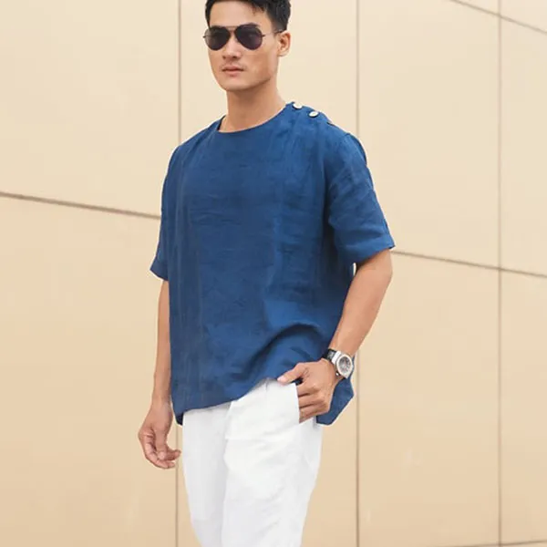 Áo Thun Nam F2 Fashion & Freedom Linen New Spirit SMMN014-XB-S-1221 Màu Xanh Bích Size S