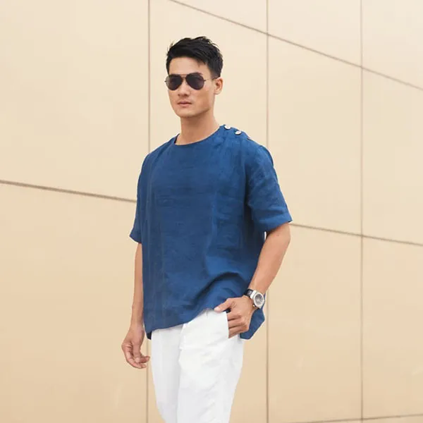Áo Thun Nam F2 Fashion & Freedom Linen New Spirit SMMN014-XB-S-1221 Màu Xanh Bích Size S
