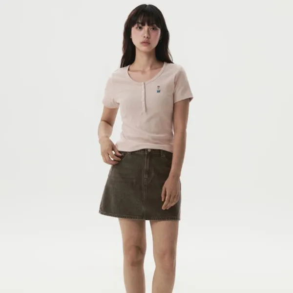 Áo Thun Nữ WHOAU Steve Ribbed Henry Neck T-shirt WHRAG2452F-25PINK Màu Hồng