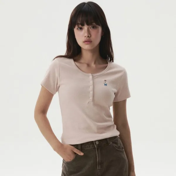 Áo Thun Nữ WHOAU Steve Ribbed Henry Neck T-shirt WHRAG2452F-25PINK Màu Hồng