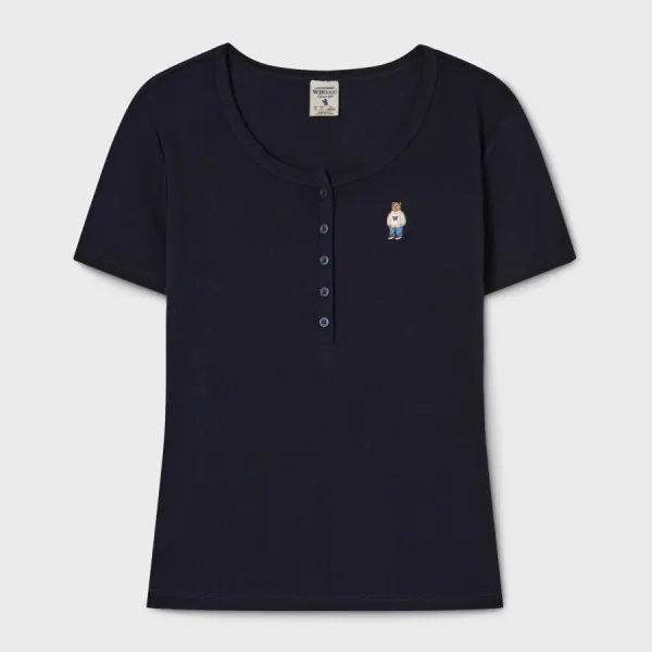 Áo Thun Nữ WHOAU Steve Ribbed Henry Neck T-shirt WHRAG2452F-59NAVY Màu Xanh Navy