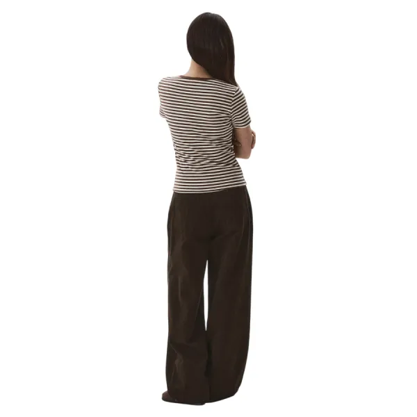 Áo Thun Nữ WHOAU Steve Ribbed Henry Neck T-shirt WHRAG2452F-85Brown Màu Nâu