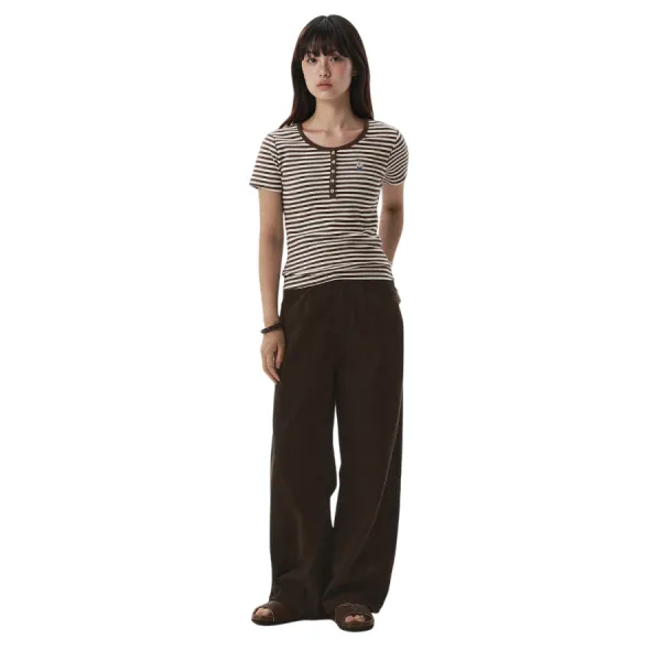 Áo Thun Nữ WHOAU Steve Ribbed Henry Neck T-shirt WHRAG2452F-85Brown Màu Nâu