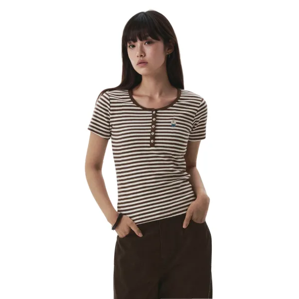 Áo Thun Nữ WHOAU Steve Ribbed Henry Neck T-shirt WHRAG2452F-85Brown Màu Nâu