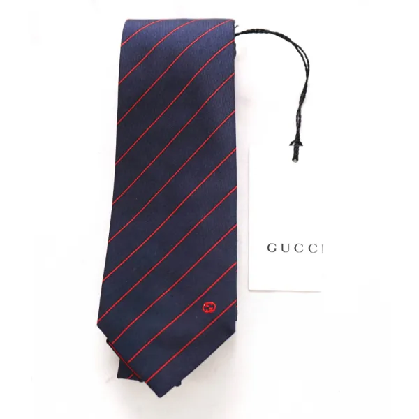 Cà Vạt Nam Gucci Navy & Red GG Logo Stripe Slim Tie 547302 4E002 4074 Màu Xanh Navy