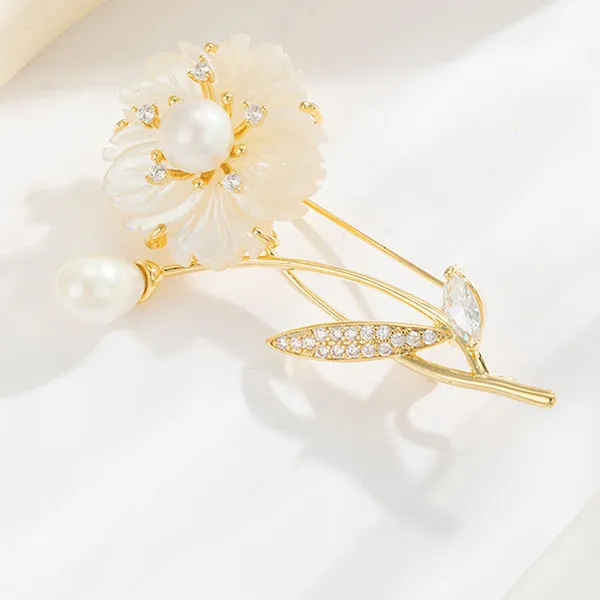 Cài Áo Nữ Meri Pearl Floral Sprig BR112 Màu Trắng Vàng