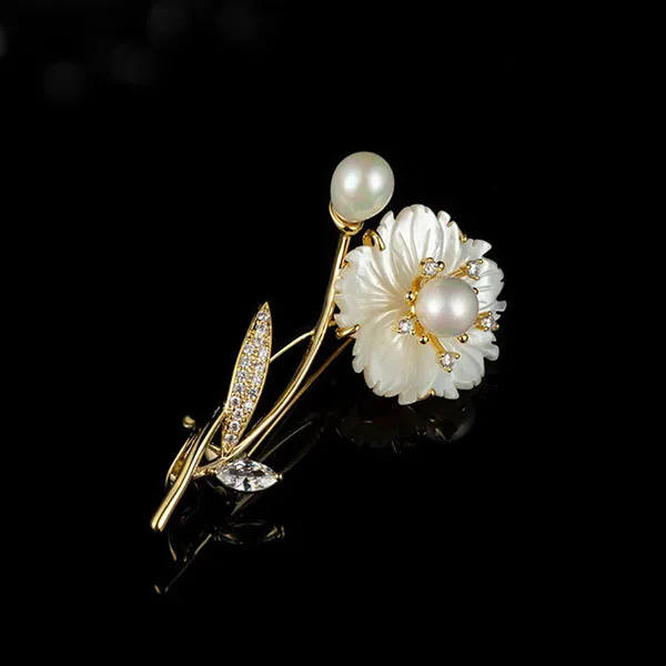 Cài Áo Nữ Meri Pearl Floral Sprig BR112 Màu Trắng Vàng