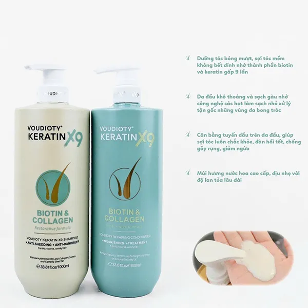Combo Dầu Gội + Dầu Xả Phục Hồi, Giảm Gãy Rụng Tóc Voudioty Keratin X9 Biotin & Collagen (2 x 1000ml)