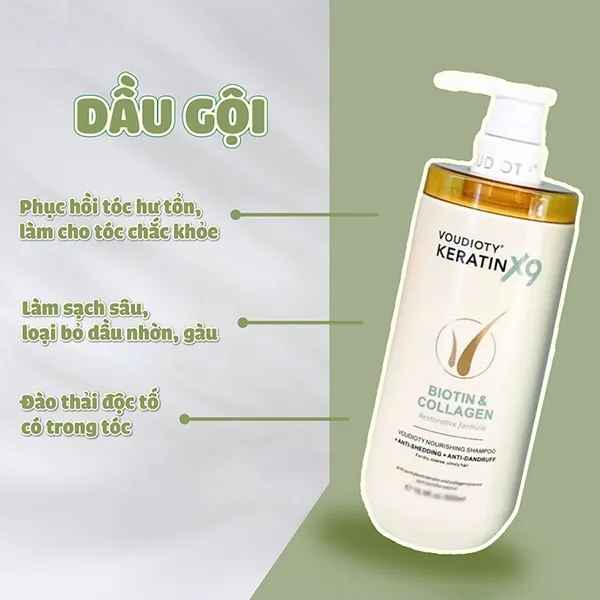Combo Dầu Gội + Dầu Xả Phục Hồi, Giảm Gãy Rụng Tóc Voudioty Keratin X9 Biotin & Collagen (2 x 1000ml)