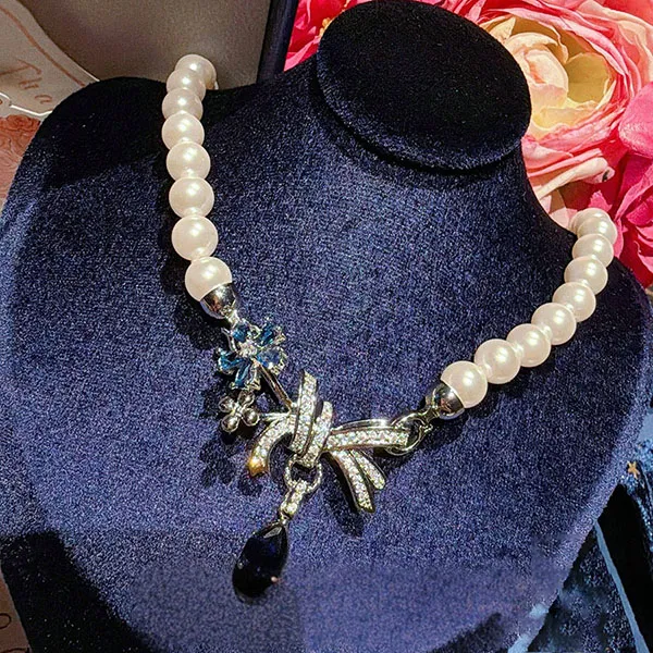 Dây Chuyền Nữ Jessica Pearl Azure Bow JN11 Màu Trắng Xanh