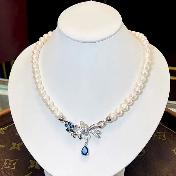 Dây Chuyền Nữ Jessica Pearl Azure Bow JN11 Màu Trắng Xanh