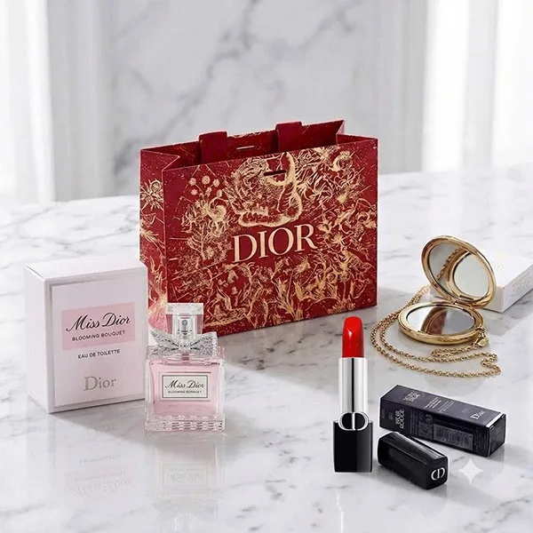 Set Nước Hoa Dior Miss Dior 5ml + Son Dior Rouge Satin 999 + Gương + Túi Giấy