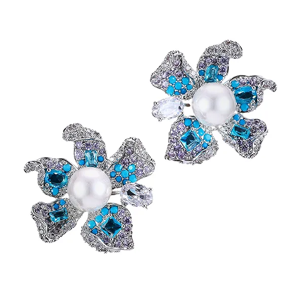 Khuyên Tai Nữ Jessica Pearl Prismatic Bloom JE23-T Màu Xanh Bạc