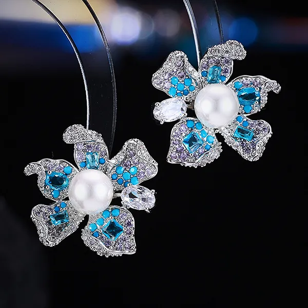 Khuyên Tai Nữ Jessica Pearl Prismatic Bloom JE23-T Màu Xanh Bạc