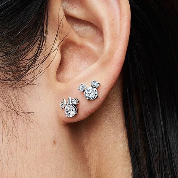 Khuyên Tai Nữ Pandora Disney Mickey Mouse & Minnie Mouse Sparkling Stud Earrings 293219C01 Màu Bạc Trắng