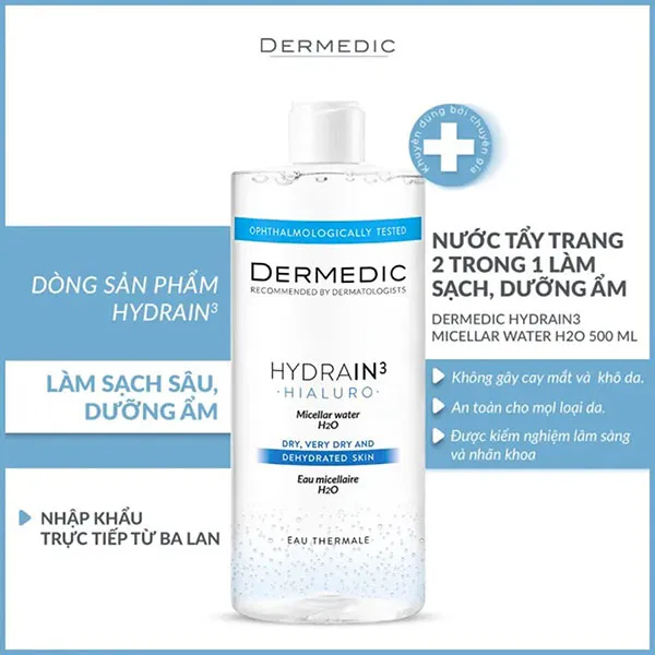 Nước Tẩy Trang Cho Da Khô Dermedic Hydrain3 Micellar Water H2O, 500ml