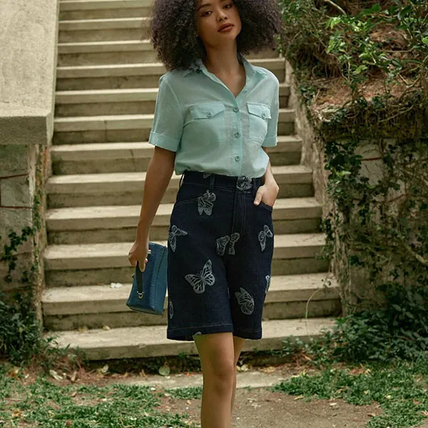 Quần Short Jean Nữ F2 Fashion & Freedom Into The Wood QS94-JHT-S-0624 Màu Xanh Họa Tiết Size S