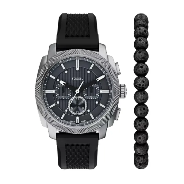 Set Đồng Hồ + Vòng Đeo Tay Nam Fossil Machine 44mm Chronograph Black Silicone Watch And Bracelet Set FS6145SET Màu Đen
