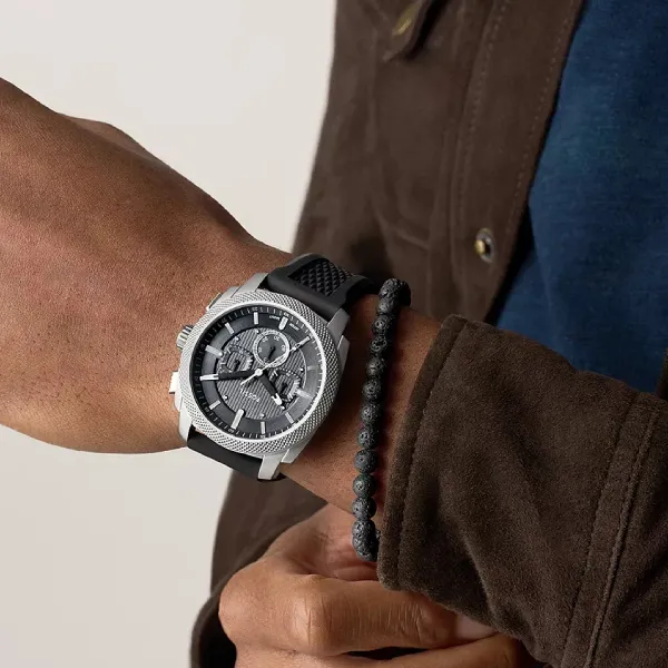 Set Đồng Hồ + Vòng Đeo Tay Nam Fossil Machine 44mm Chronograph Black Silicone Watch And Bracelet Set FS6145SET Màu Đen