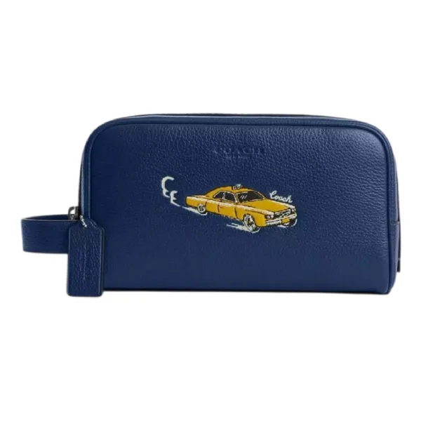 Túi Cầm Tay Nam Coach Small Travel Kit With Car Print CEK63 Màu Xanh Navy