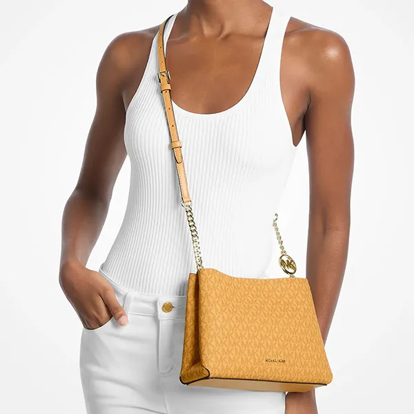 Túi Đeo Chéo Nữ Michael Kors MK Christina Small Signature Logo Crossbody Bag 35T6G8WC0V Màu Vàng