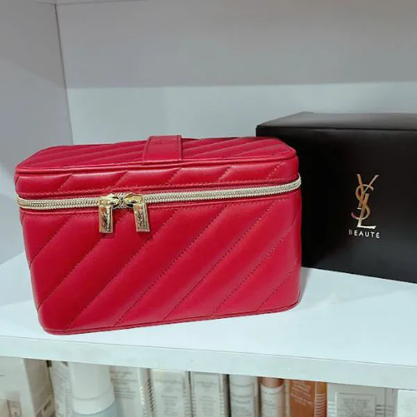 Túi Đựng Mỹ Phẩm Yves Saint Laurent YSL Beauty Gift Red Quilted Makeup Vanity Case Bag Mirror Màu Đỏ