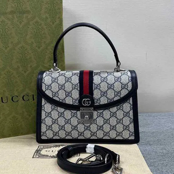 Túi Xách Nữ Gucci GG Ophidia Supreme GC323 Top Handle Bag Màu Be Xanh
