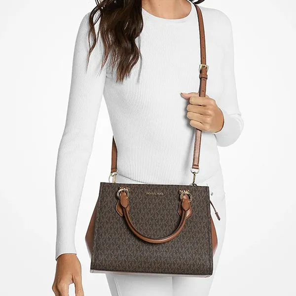 Túi Xách Tay Nữ Michael Kors MK Marilyn Medium Signature Logo Convertible Satchel 35F5G6AS2B Màu Nâu Đen
