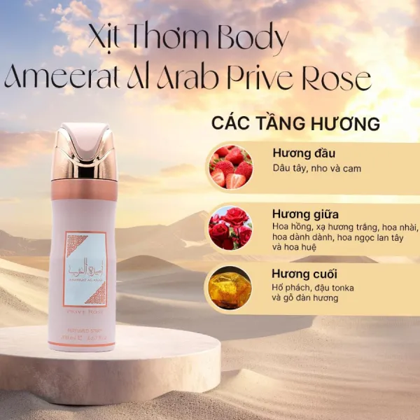 Xịt Khử Mùi Toàn Thân Lattafa Ameerat Al Arab Prive Rose Body Perfumed Spray 200ml