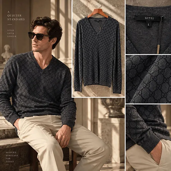Áo Len Nam Gucci Monogram GAK99 GU100 161 Màu Xám Họa Tiết Size L