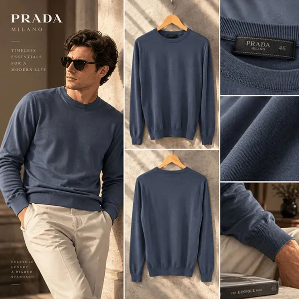 Áo Len Nam Prada Cashmere UMM984 Màu Xanh Xám Size 46