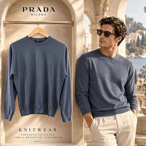 Áo Len Nam Prada Cashmere UMM984 Màu Xanh Xám Size 46