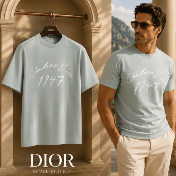 Áo Phông Nam Dior Bleu 1947 493J696G0554 Tshirt Màu Xanh Nhạt Size XS