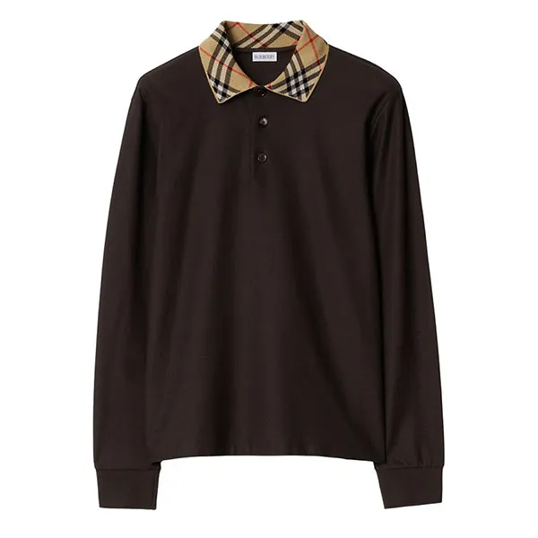 Áo Polo Dài Tay Nam Burberry Cotton Shirt With Checkered Collar Màu Nâu Đen Size S