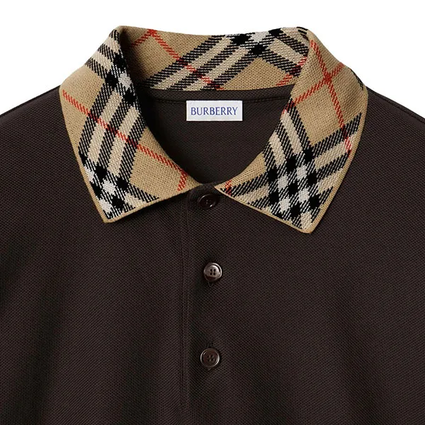 Áo Polo Dài Tay Nam Burberry Cotton Shirt With Checkered Collar Màu Nâu Đen Size S