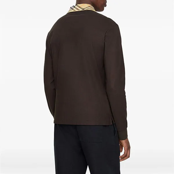 Áo Polo Dài Tay Nam Burberry Cotton Shirt With Checkered Collar Màu Nâu Đen Size S