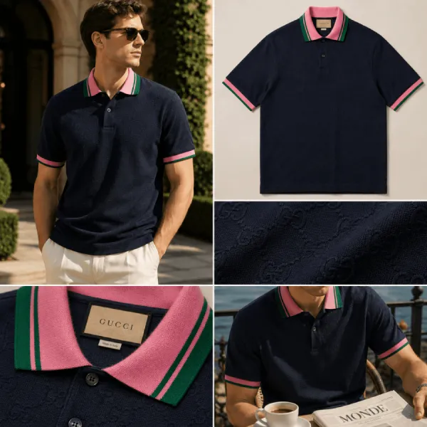 Áo Polo Nam Gucci Navy Check Polo With Pink Collar 768579 XJF4N 4140 Màu Xanh Navy Size XS