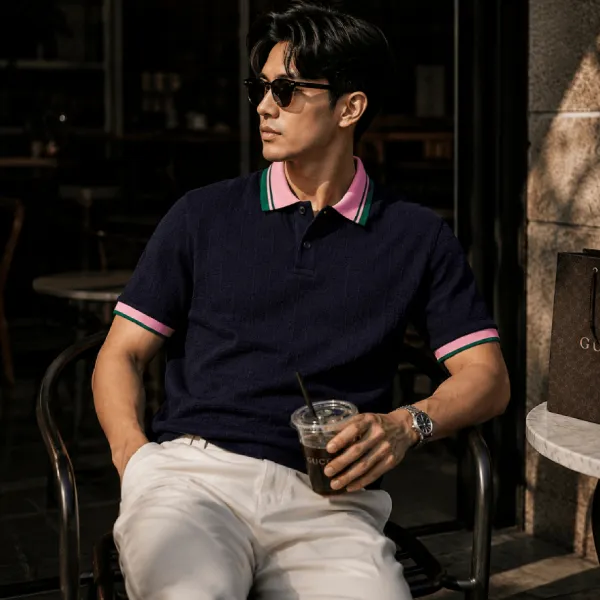 Áo Polo Nam Gucci Navy Check Polo With Pink Collar 768579 XJF4N 4140 Màu Xanh Navy Size XS