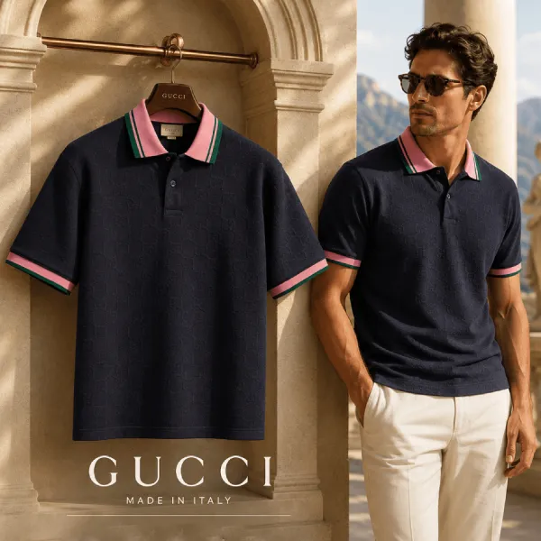 Áo Polo Nam Gucci Navy Check Polo With Pink Collar 768579 XJF4N 4140 Màu Xanh Navy Size XS
