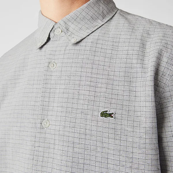 Áo Sơ Mi Dài Tay Nam Lacoste Men's Slim Fit Checkered Cotton And Linen Shirt CH7643 - GA3 Màu Xám Size 42