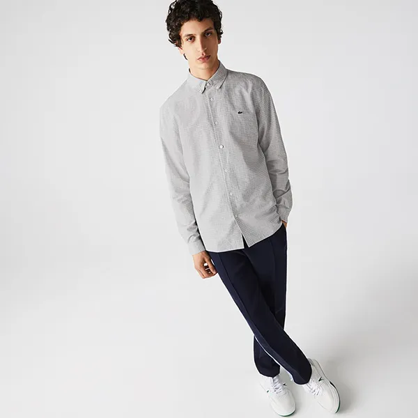 Áo Sơ Mi Dài Tay Nam Lacoste Men's Slim Fit Checkered Cotton And Linen Shirt CH7643 - GA3 Màu Xám Size 42