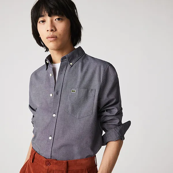Áo Sơ Mi Dài Tay Nam Lacoste Regular Fit Long-Sleeve Patterned Shirt CH7638 - 525 Màu Xám Size 42