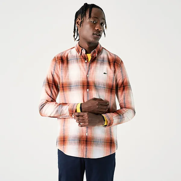 Áo Sơ Mi Dài Tay Nam Lacoste Slim Fit Orange Plaid Shirt CH0224 - 24T Màu Cam Nâu Size 41