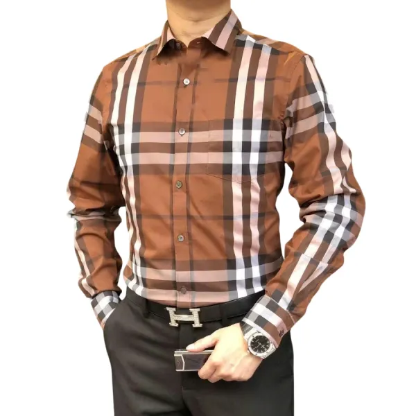 Áo Sơ Mi Nam Burberry Men's Check Stretch Cotton Poplin Shirt Russet Brown 8004535 Màu Nâu Size L