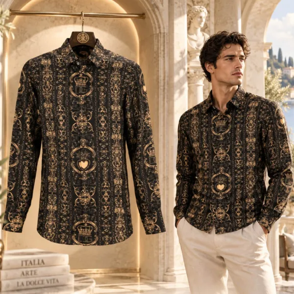 Áo Sơ Mi Nam Dolce & Gabbana D&G Logo Crown Heart Print Silk Shirt Martini Gold Black G5GZ1T HS18W HNMTG Màu Đen Size 39