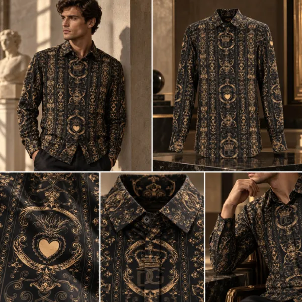 Áo Sơ Mi Nam Dolce & Gabbana D&G Logo Crown Heart Print Silk Shirt Martini Gold Black G5GZ1T HS18W HNMTG Màu Đen Size 39
