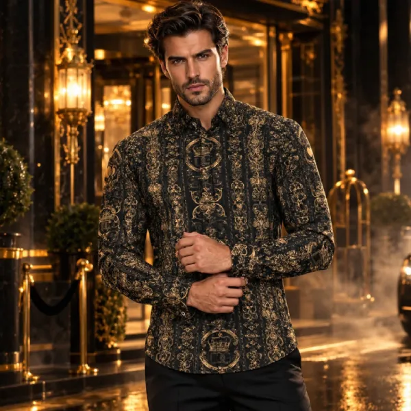 Áo Sơ Mi Nam Dolce & Gabbana D&G Logo Crown Heart Print Silk Shirt Martini Gold Black G5GZ1T HS18W HNMTG Màu Đen Size 39