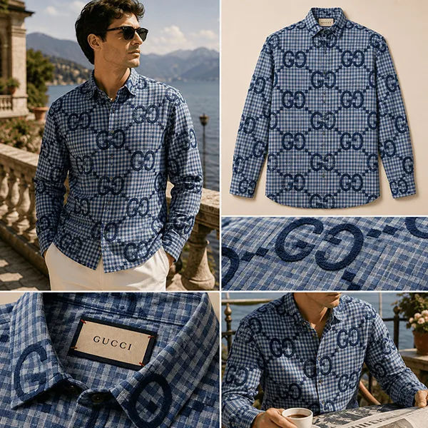 Áo Sơ Mi Nam Gucci Blue Shirt With Multiple Letters 770438 ZAOBM 4061 Màu Xanh Blue Size 50